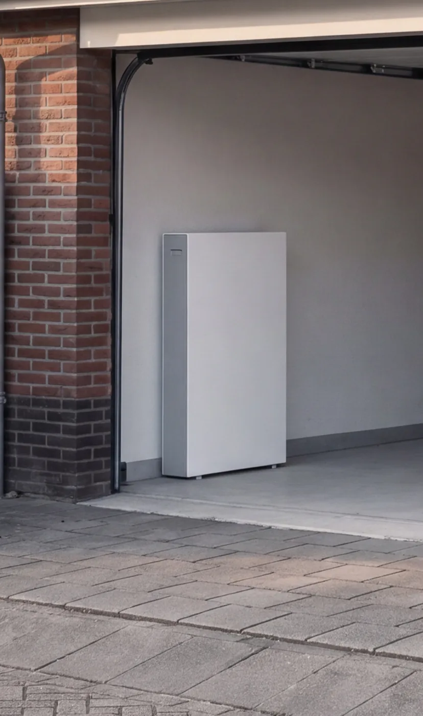 Open garage met een thuisbatterij, een laadpunt aan de wand en een elektrische auto aan de lader, tussen woningen met zonnepanelen op de daken.