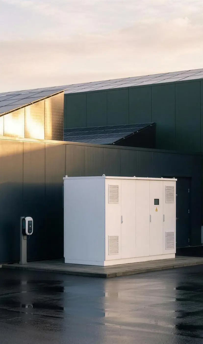 Een verduurzaamd bedrijfspand met zonnepanelen op het dak, een laadpaal en een bedrijfsbatterij