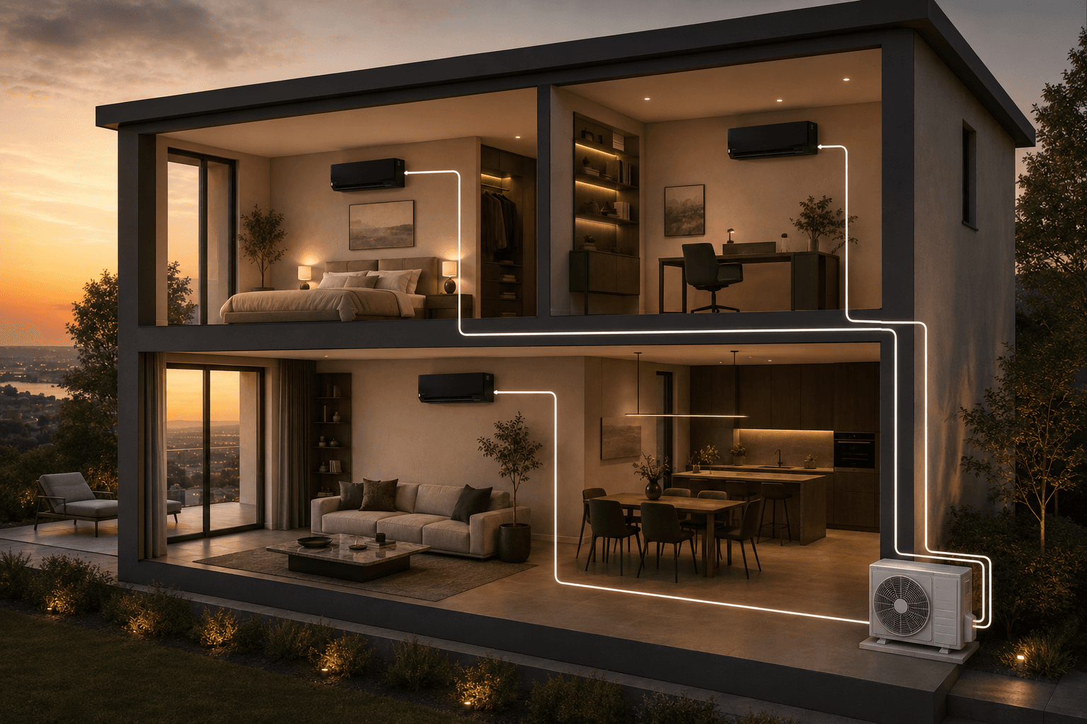 Werkingsschema van een multisplit airco: meerdere binnenunits in verschillende kamers, met lijntjes verbonden met een buitenunit aan de gevel. De binnenunits koelen in de zomer en kunnen in het tussenseizoen verwarmen.