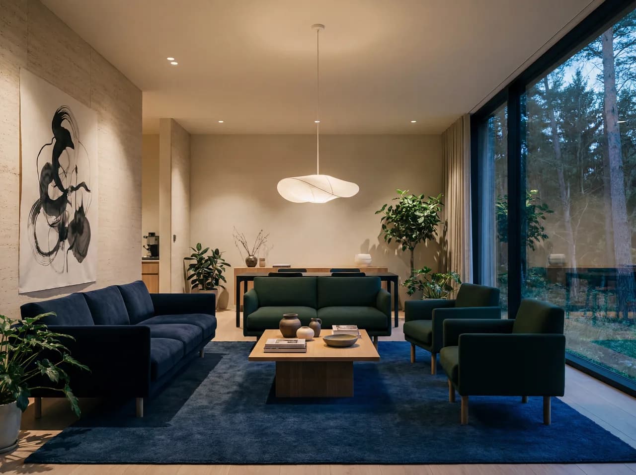Een warme, moderne ontvangstruimte met een zithoek en uitzicht op het bos