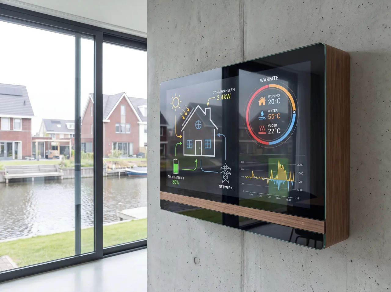 Een energiemanagementsysteem aan de muur met verbruik en opwek
