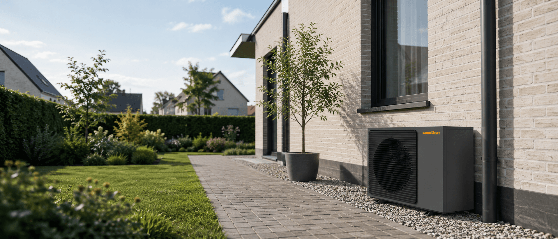 Moderne woning met een warmtepomp-buitenunit in de tuin