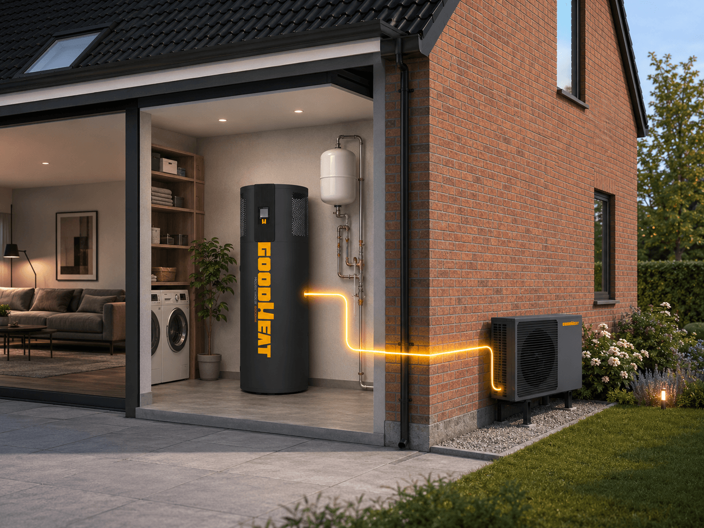 Een warmtepomp in een moderne woning: de binnen-unit en de buiten-unit, verbonden door een gele lijn.