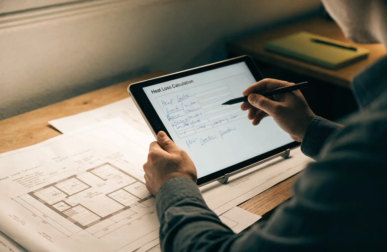 Een warmteverliesberekening op een tablet, naast een bouwtekening van een pand