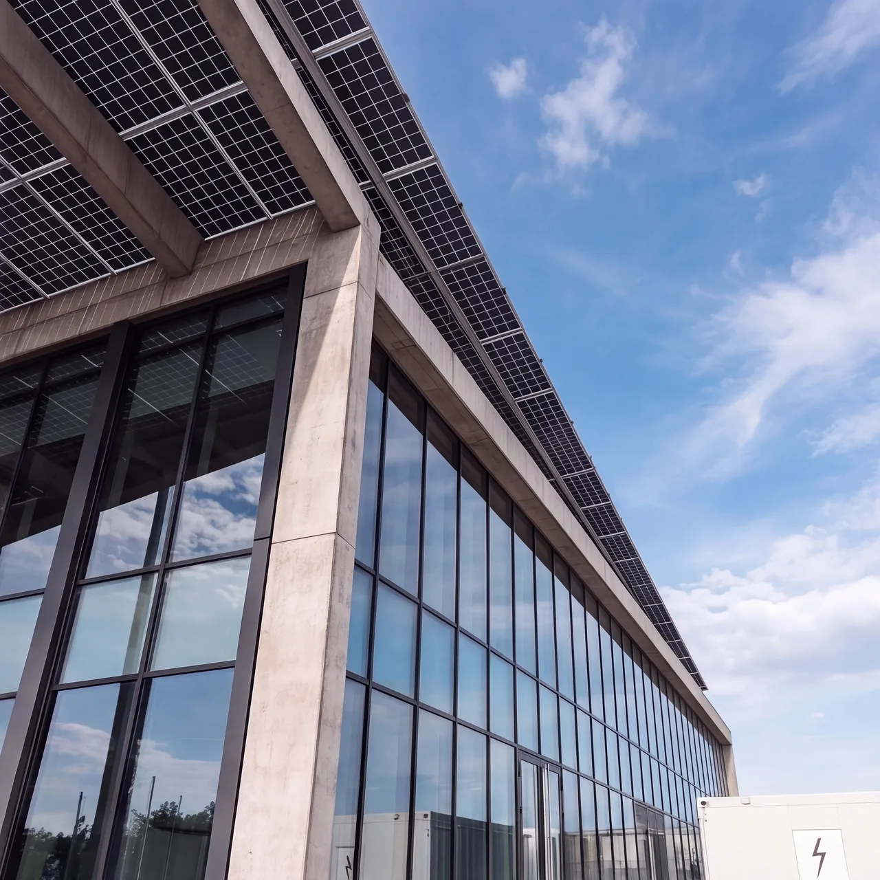 Een bedrijfspand met zonnepanelen op het dak en een thuisbatterij